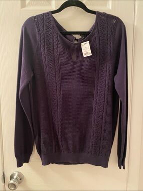MNG Blue Cable-Knit Woman’s Sweater Cotton & Wool Blend Size Large